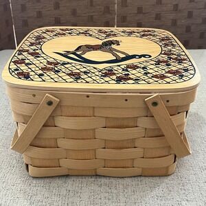 Basketville Vintage Wooden Picnic Basket Pie Carrier Rocking Horse Heart Lid